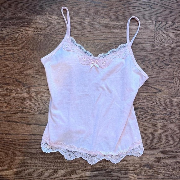 Vintage Tops - y2k pink lace trim bow detail tank small